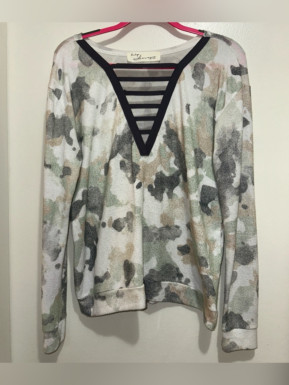 Vintage Havana V-neck Ladder Front Camo Top